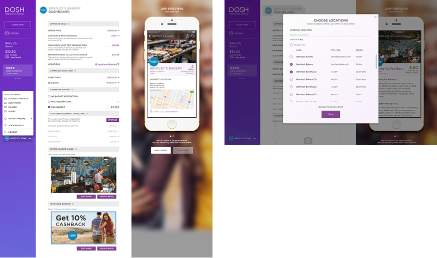 Offer Creation: Campaign builder with real-time app preview (left) and multi-location targeting (right)